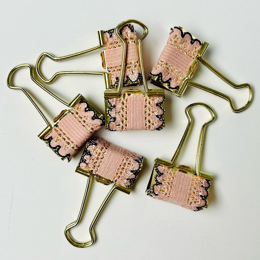 Fold Down Binder Paper Clips Wrapped in Pink Lace Ribbon Set of 6